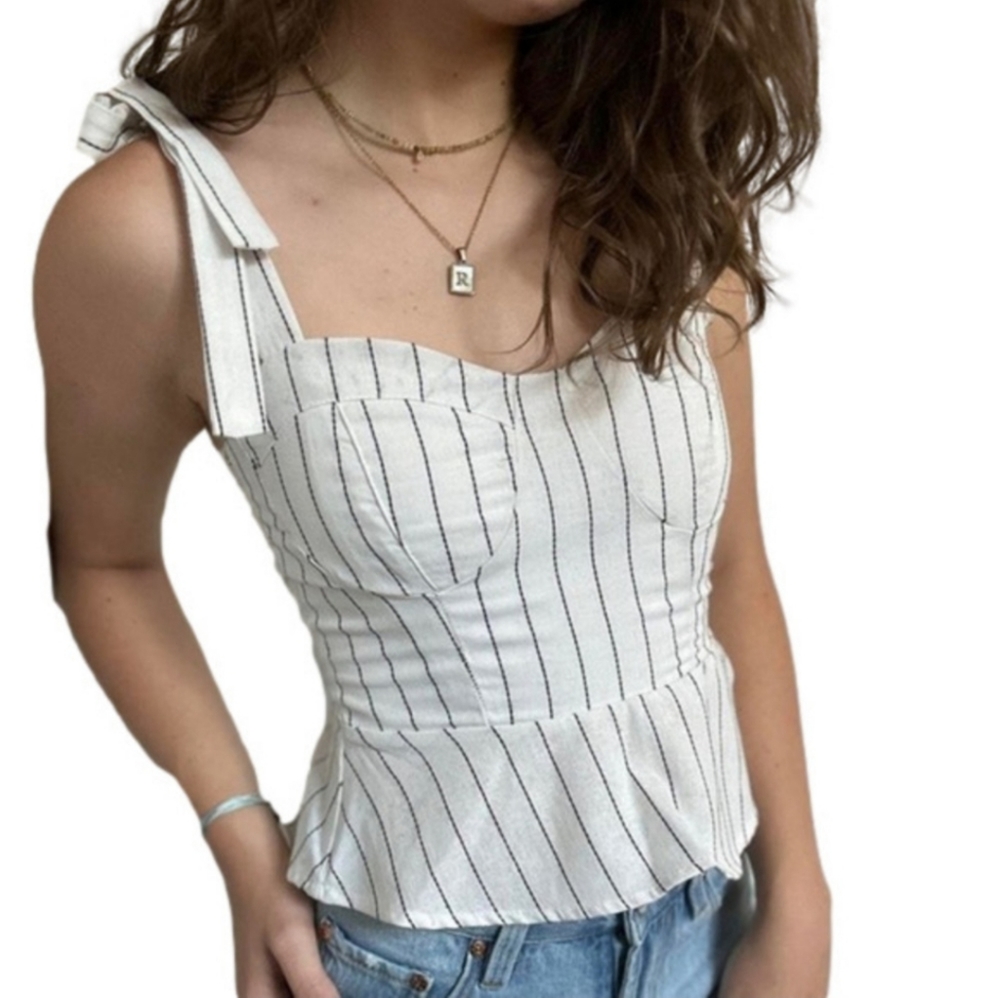 URBAN Romantics White Pinstripe Tie-Shoulder Tank